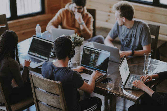 Engineers working around a table